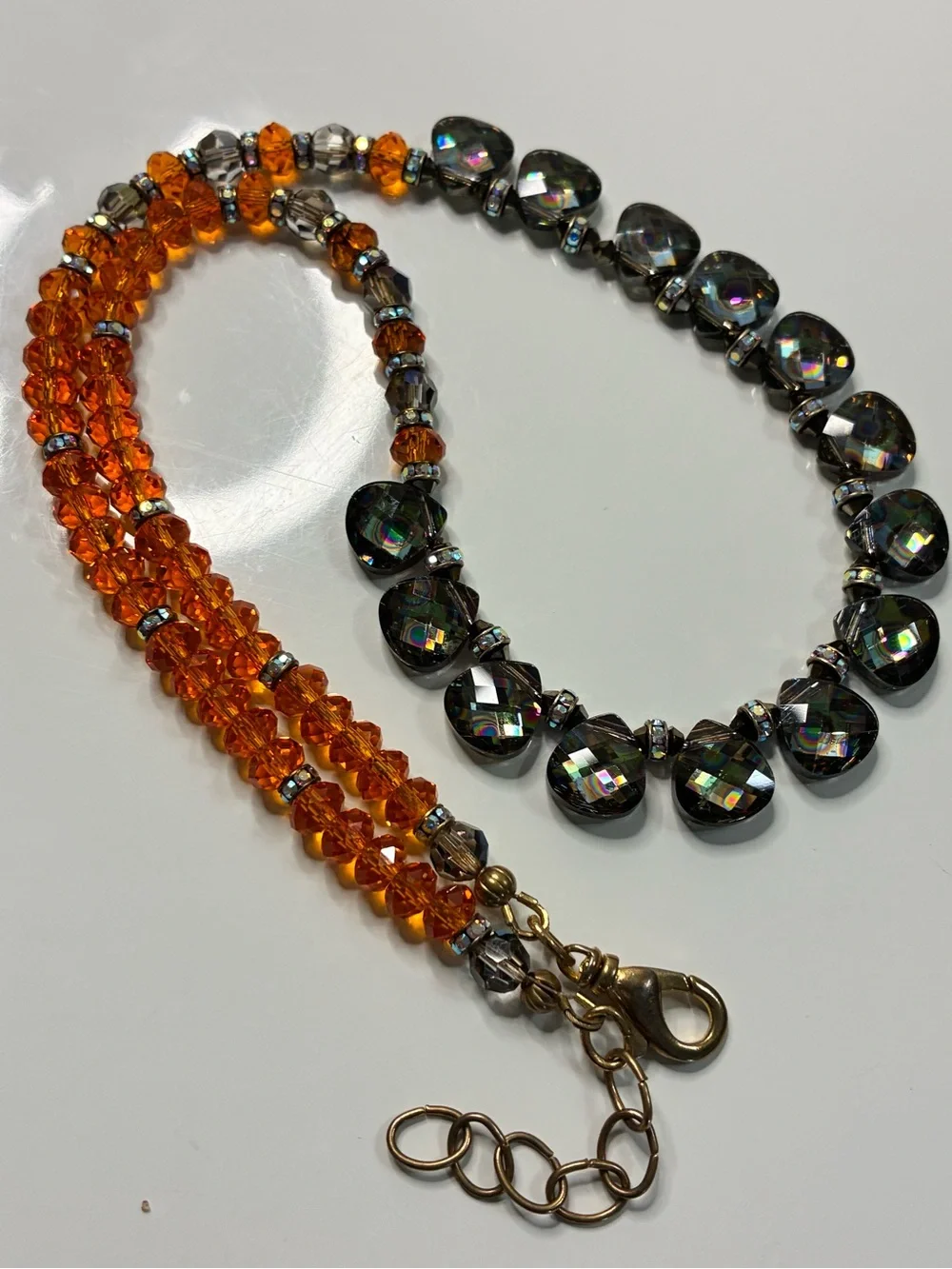 Handmade Iridescent Oil Slick Dew Drop & Orange Faceted Crystal Beaded Necklace